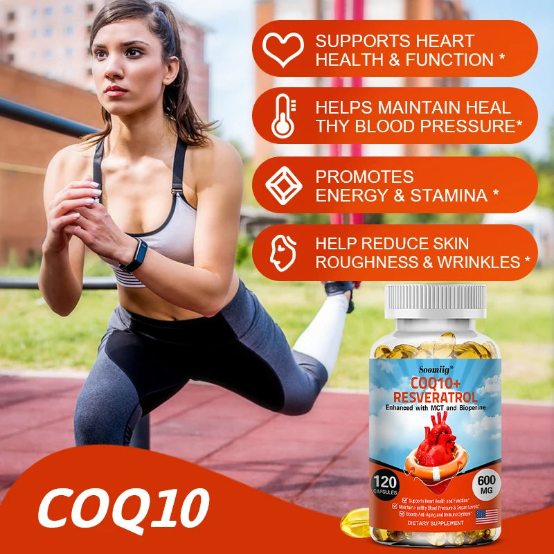 120pcs Organic Q10 Coenzyme 600mg Capsules - with Resveratrol,Cardiovascular and Heart Health , Beauty and Health