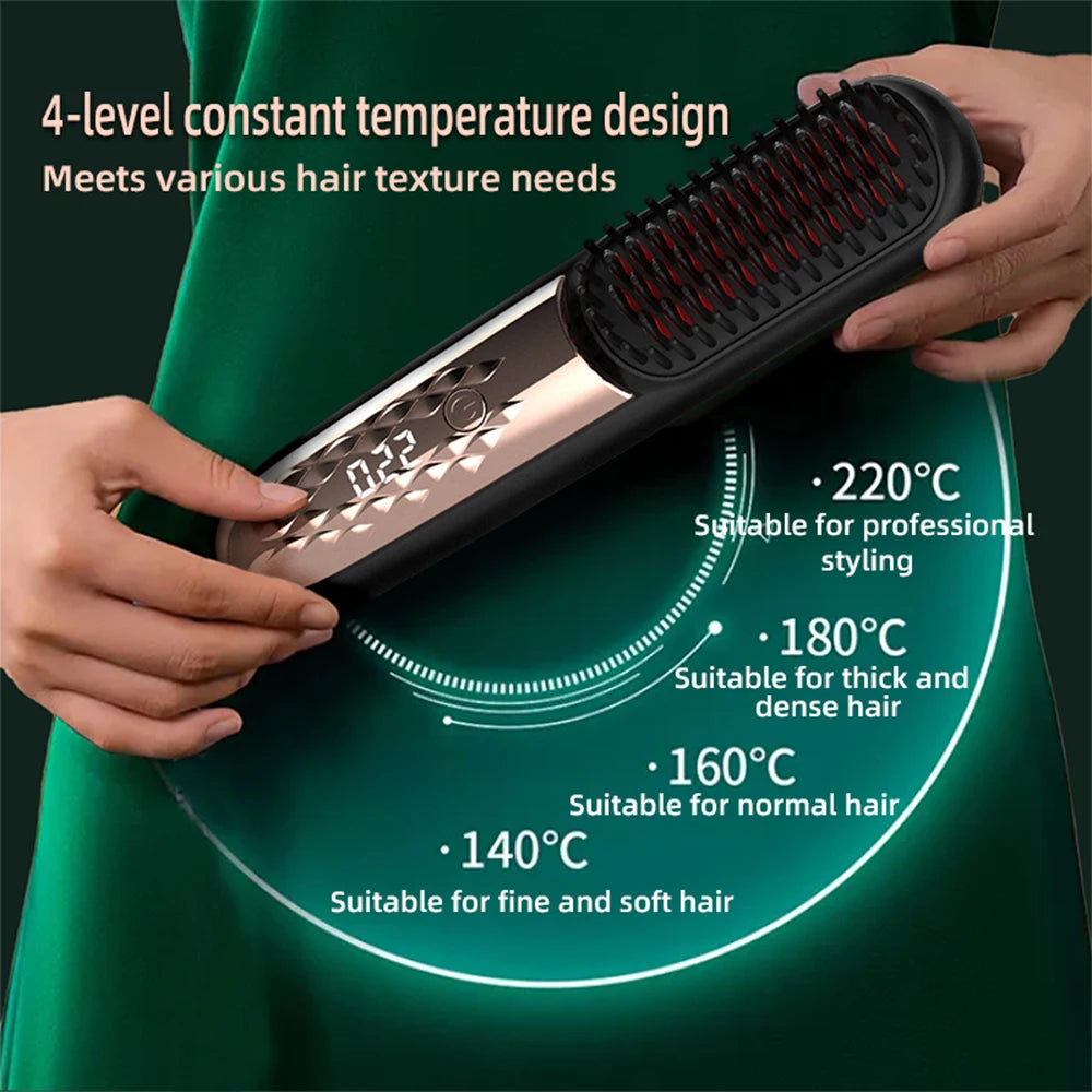 Cordless Hair Straightener Brush — Negative Ion Ceramic Heating Comb for Smooth, Frizz-Free Hair