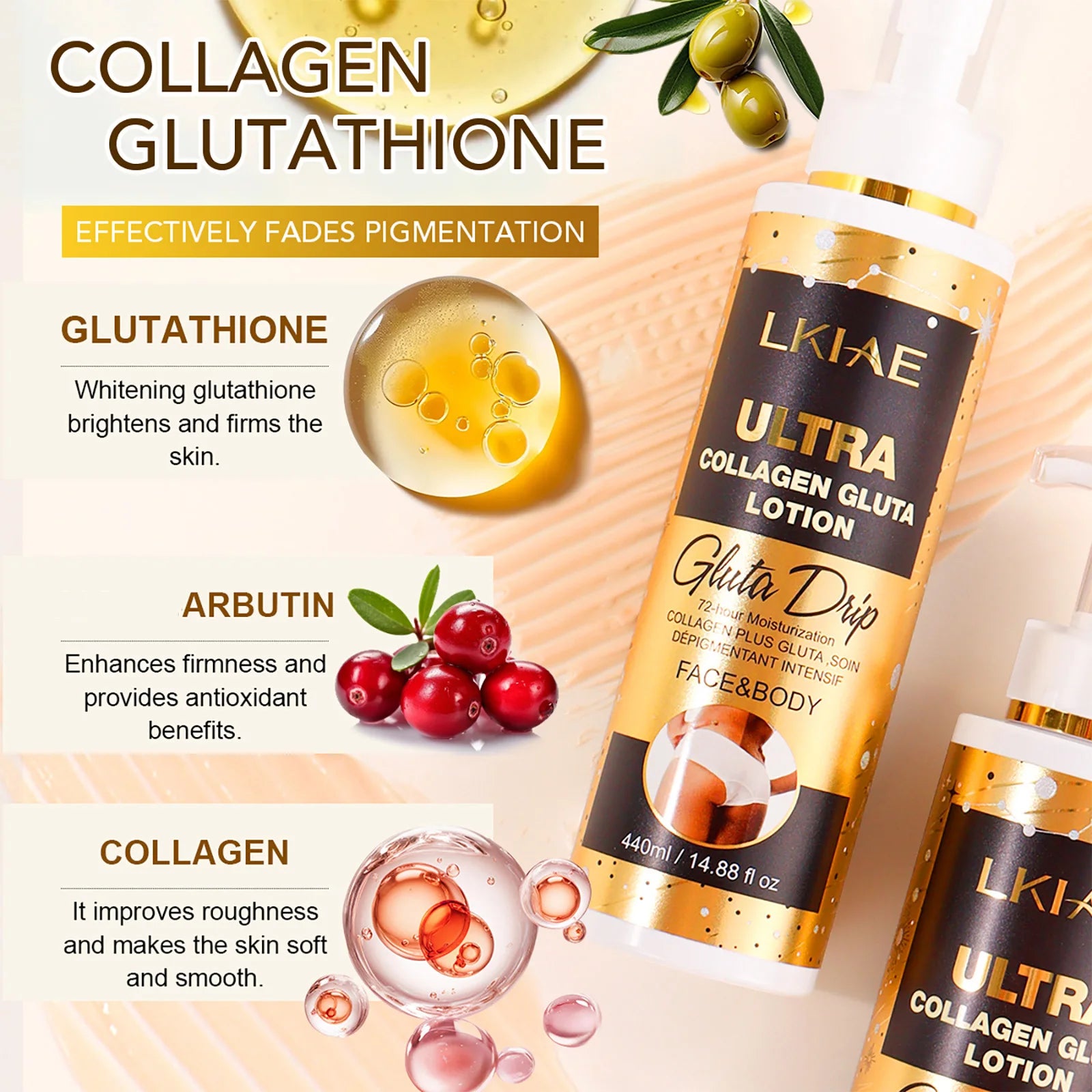 LKIAE Ultra Collagen and Glutathione Whitening Body Lotion, Deeply Moisturizing, Smooth, Soften Skin, Improve Rough Skin Cream