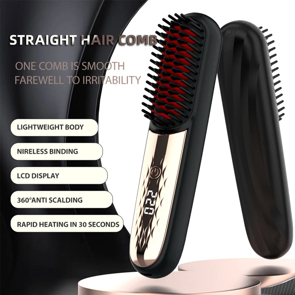 Cordless Hair Straightener Brush — Negative Ion Ceramic Heating Comb for Smooth, Frizz-Free Hair