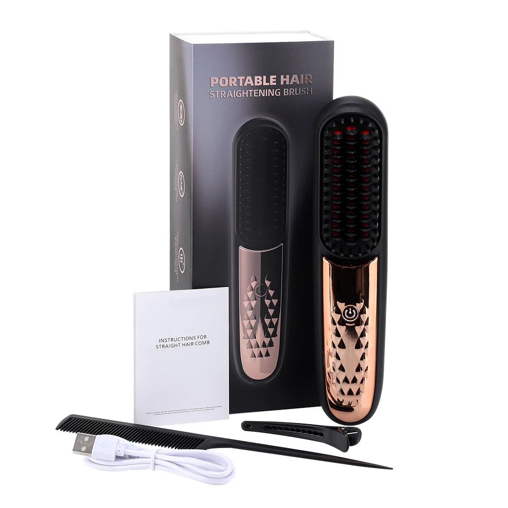 Cordless Hair Straightener Brush — Negative Ion Ceramic Heating Comb for Smooth, Frizz-Free Hair