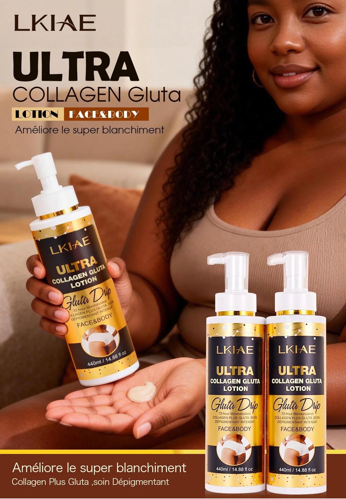 LKIAE Ultra Collagen and Glutathione Whitening Body Lotion, Deeply Moisturizing, Smooth, Soften Skin, Improve Rough Skin Cream