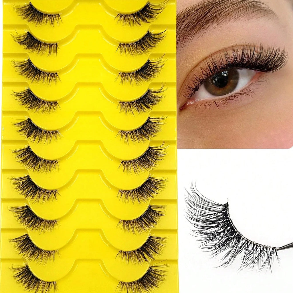 Wispy Cat Eye False Eyelashes — 10 Pairs, Natural Fluffy Faux Mink for Everyday Glam - Health and wellness