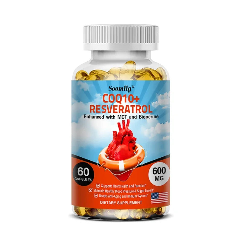 120pcs Organic Q10 Coenzyme 600mg Capsules - with Resveratrol,Cardiovascular and Heart Health , Beauty and Health