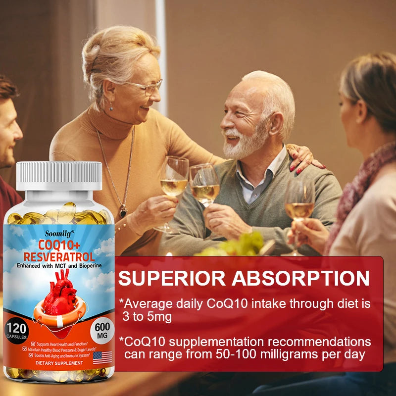 120pcs Organic Q10 Coenzyme 600mg Capsules - with Resveratrol,Cardiovascular and Heart Health , Beauty and Health