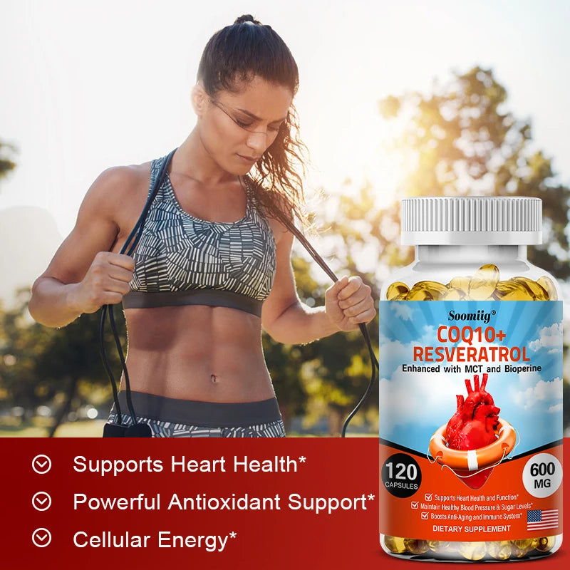 120pcs Organic Q10 Coenzyme 600mg Capsules - with Resveratrol,Cardiovascular and Heart Health , Beauty and Health