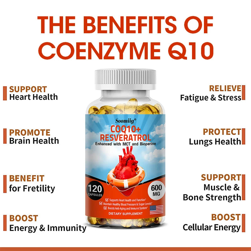 120pcs Organic Q10 Coenzyme 600mg Capsules - with Resveratrol,Cardiovascular and Heart Health , Beauty and Health