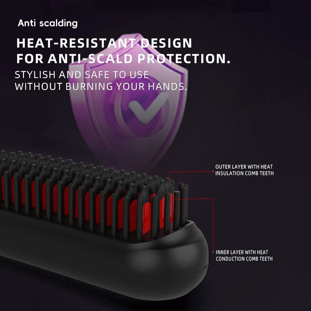Cordless Hair Straightener Brush — Negative Ion Ceramic Heating Comb for Smooth, Frizz-Free Hair