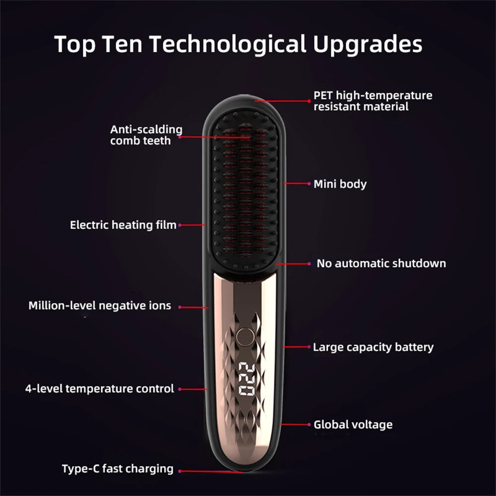 Cordless Hair Straightener Brush — Negative Ion Ceramic Heating Comb for Smooth, Frizz-Free Hair