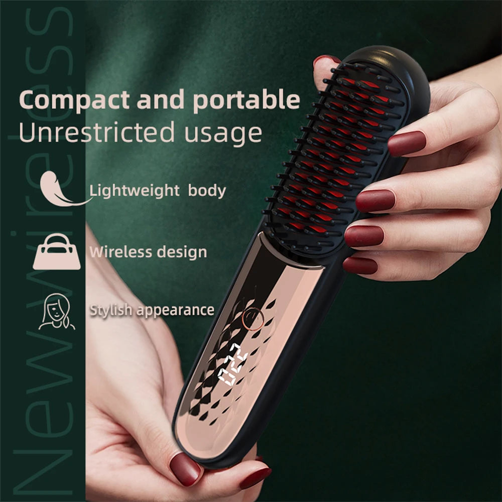 Cordless Hair Straightener Brush — Negative Ion Ceramic Heating Comb for Smooth, Frizz-Free Hair
