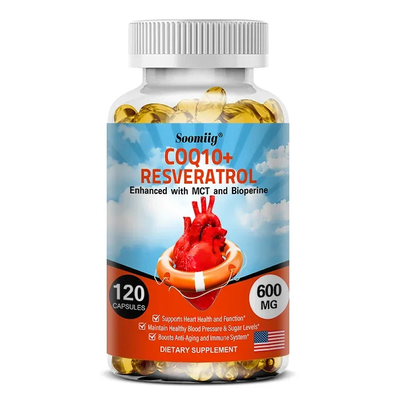 120pcs Organic Q10 Coenzyme 600mg Capsules - with Resveratrol,Cardiovascular and Heart Health , Beauty and Health