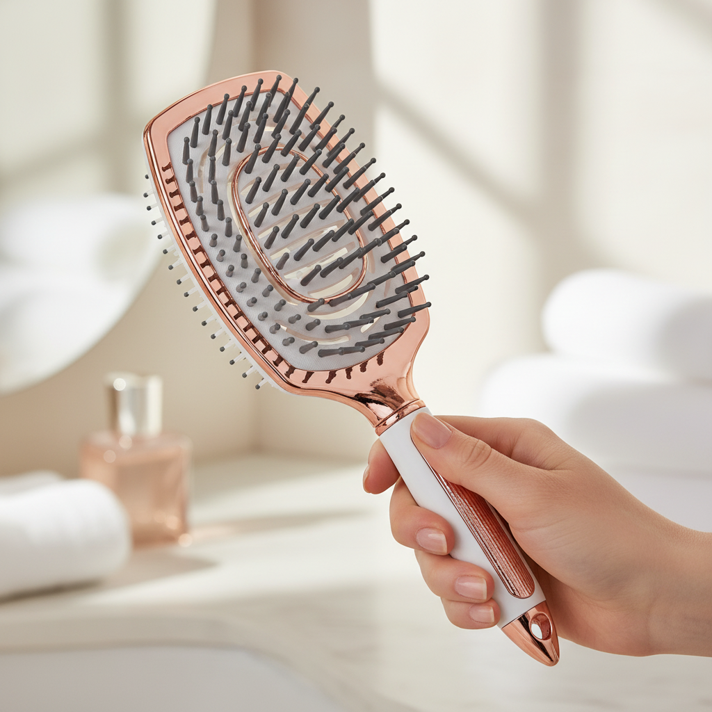 Hand holding detangling hair brush with scalp massager in a spa-style bathroom setting