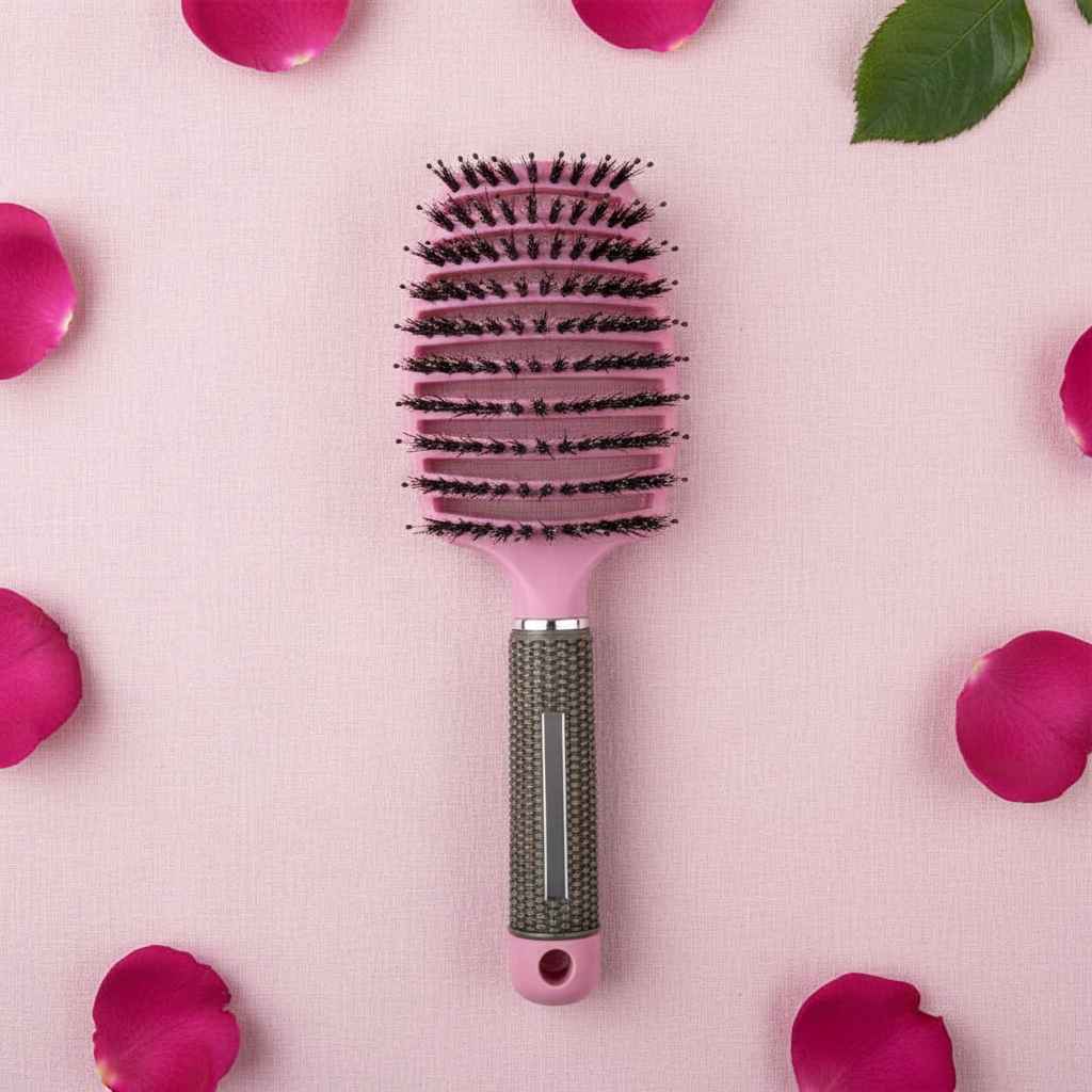 Detangling hair brush with scalp massager flat lay on pink linen with rose petals
